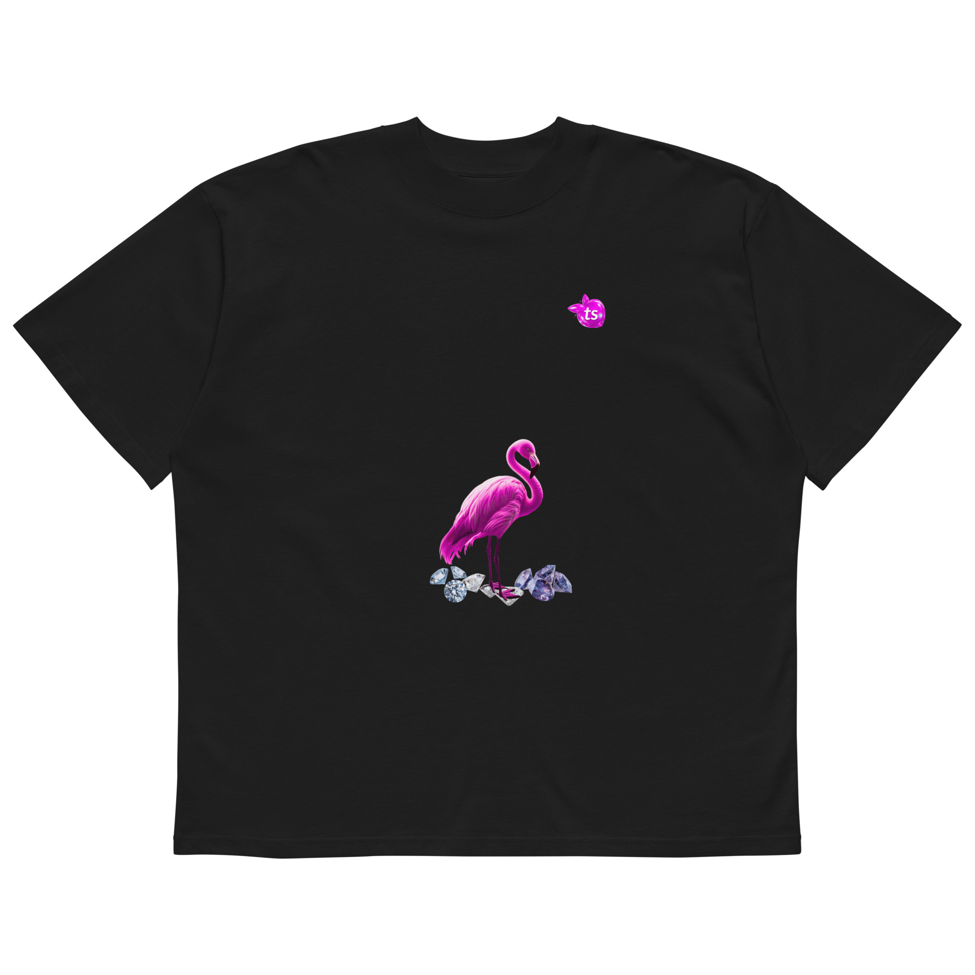 tsgabrielle® • Pour Lui • Flamant Rose • T-Shirt Col Roulé Oversize • Noir • Coton Bio